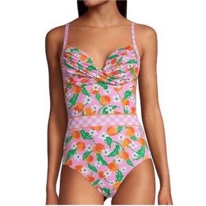 Lands End X Draper James Pink Gingham Peach Orange One piece Bathing suit NWOT